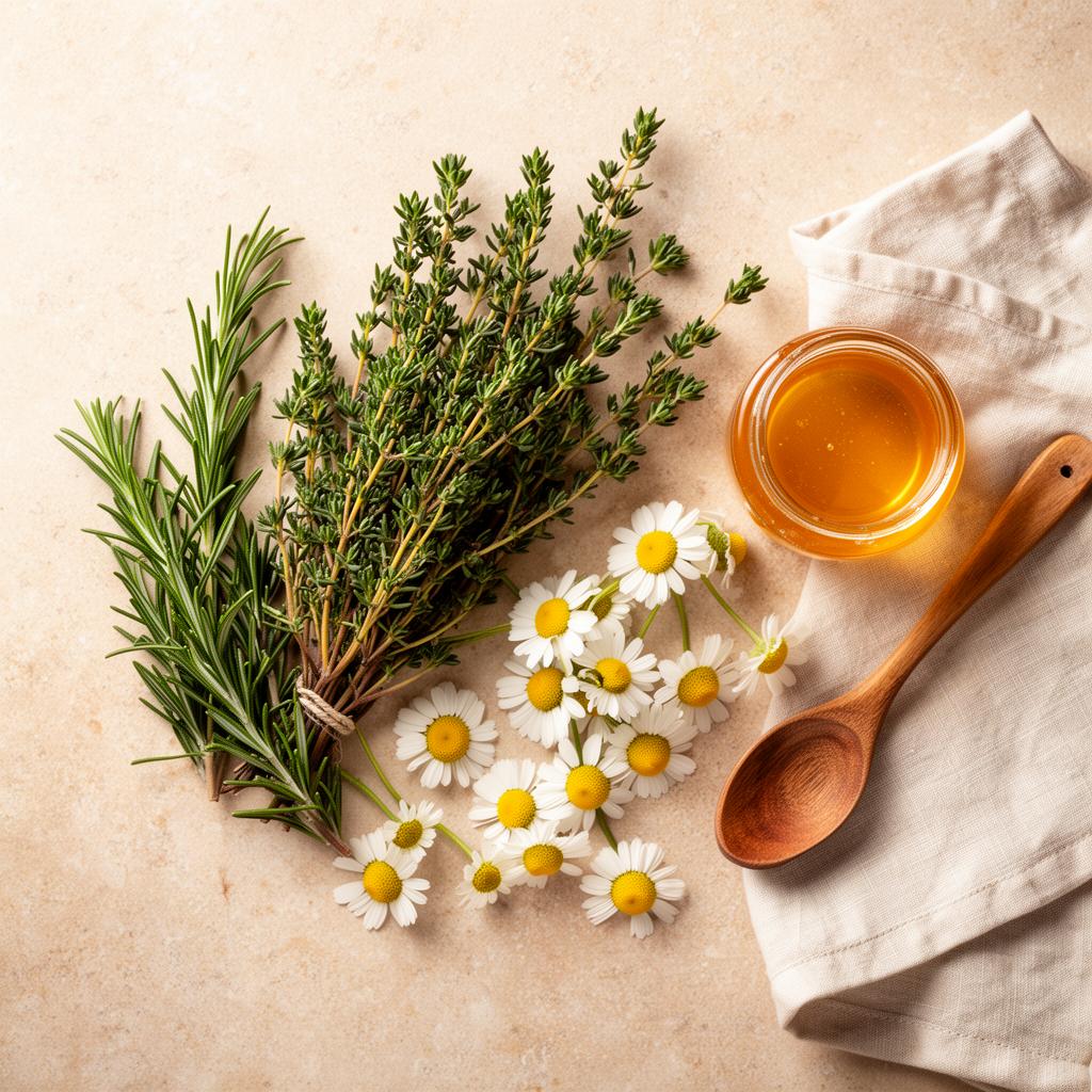 Fresh herbs, honey and a wooden spoon arranged on a stone surface